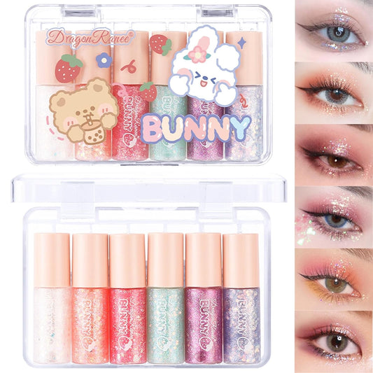 6 Pcs Liquid Glitter Eyeshadow Set Colorful Eyeliner with Long-Lasting and Waterproof Shinning Eye Shadow Gift for Women Eye Makeup (Transparent Bear)