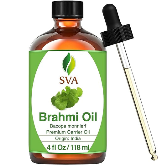 SVA Brahmi Oil - 4 Fl Oz – 100% Natural Cold Pressed Brahmi Oil - for Face, Skin Care, Hair Care, Scalp Massage & Body Massage – Carrier Oil with Dropper