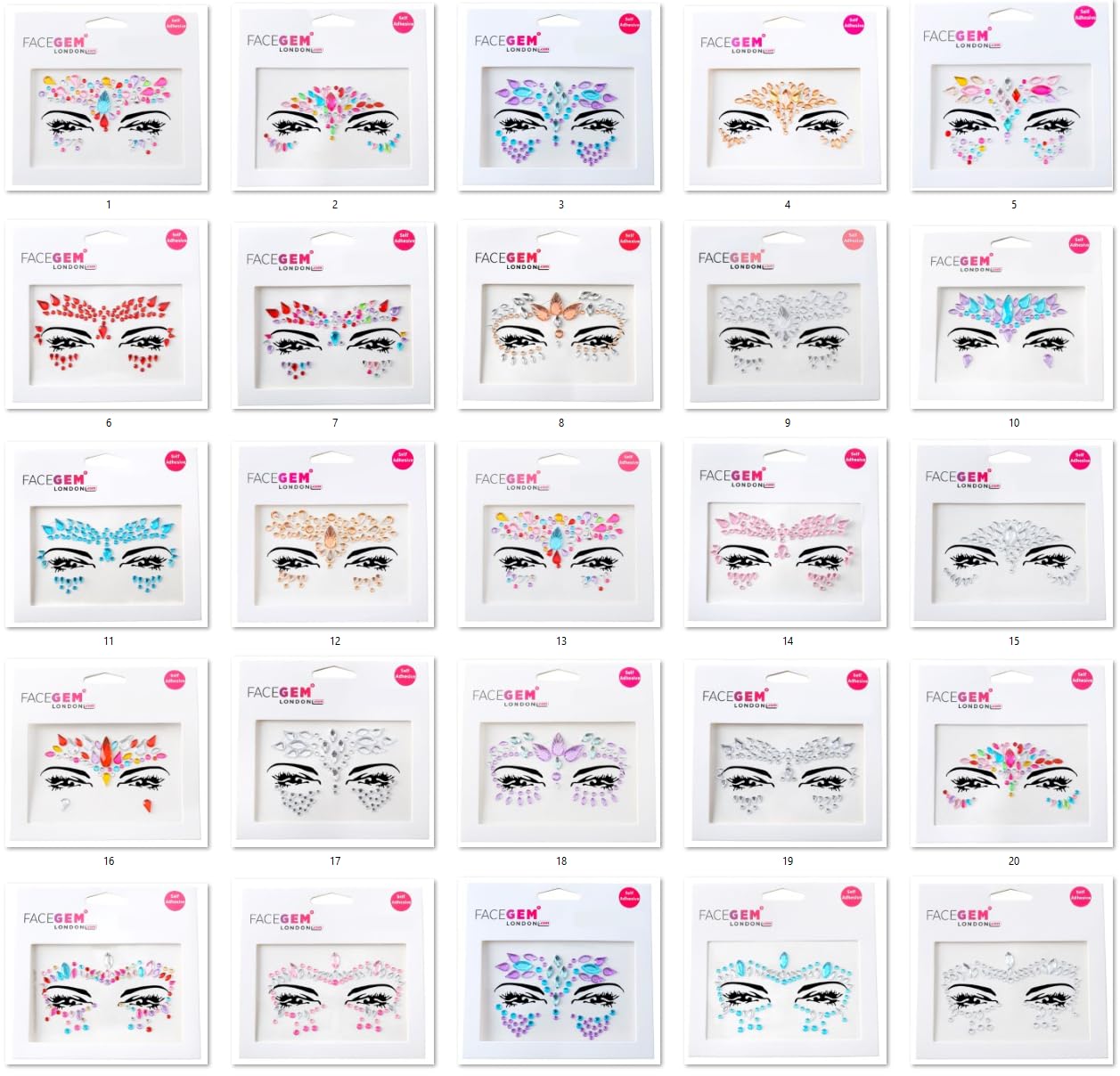 FACEGEM LONDON Face Gems Adhesive Glitter Jewel Tattoo Sticker Festival Gems Rave Party Body Make Up (21 PCS FACE GEMS)