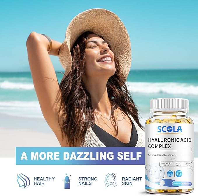 SCOLA Hyaluronic Acid- Hydration with 250 mg Hyaluronic Acid, and 10000 mcg Biotin - 60 Vegan Capsules