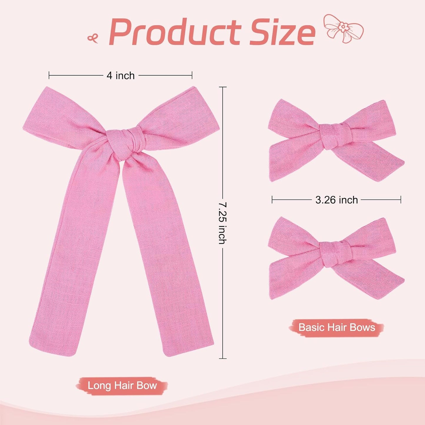 DEEKA Hot Pink Cotton Linen Hair Bows 2 Sizes 5"&3.5" Soft Hair Bow set for Toddler Girls Long Ponytail Knot Bows Alligator Clip Hair Accessories for Little School Girls (Hot Pink)