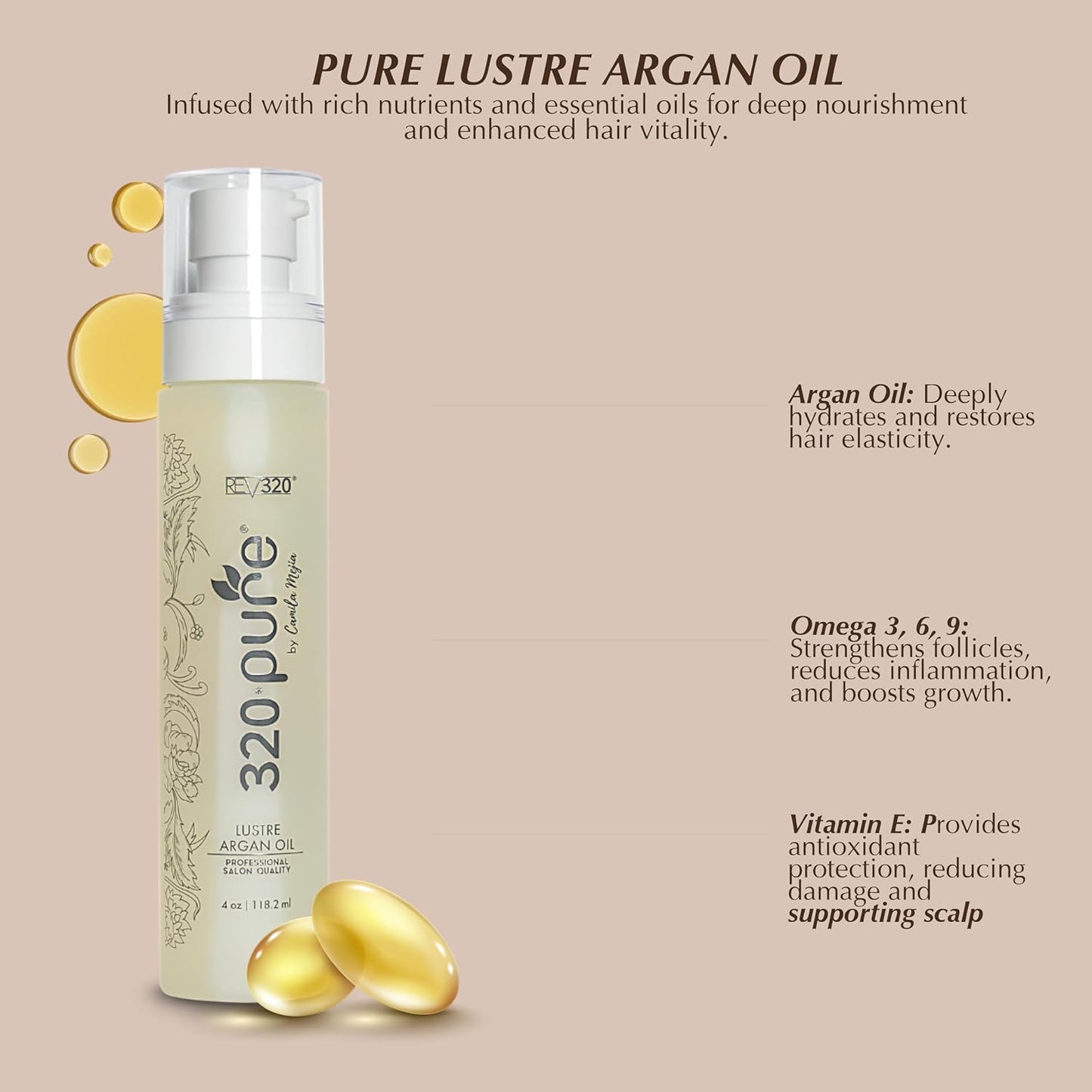 Rev320 320Pure Lustre Argan Oil For Hair 4oz Pump, Aceite de argán para el cabello, Argan Oil Hair Treatment with Pure Argon for Color-Treated, Damaged, Dry, Straight and Curly