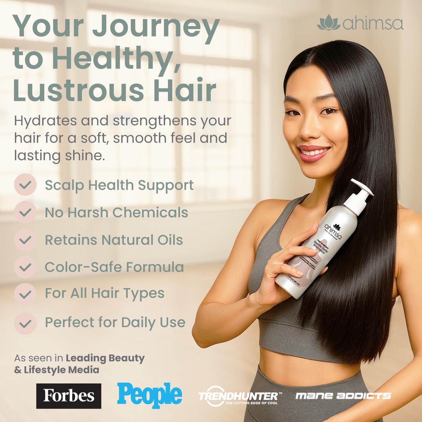 Ahimsa Gentle Daily Shampoo, Organic and Gentle Hydrating Shampoo for Dry, Curly & Color Treated Hair, Moisturizing Shampoos for Daily Use with Indian Gooseberry & Jasmine Essential Oil, Made in USA