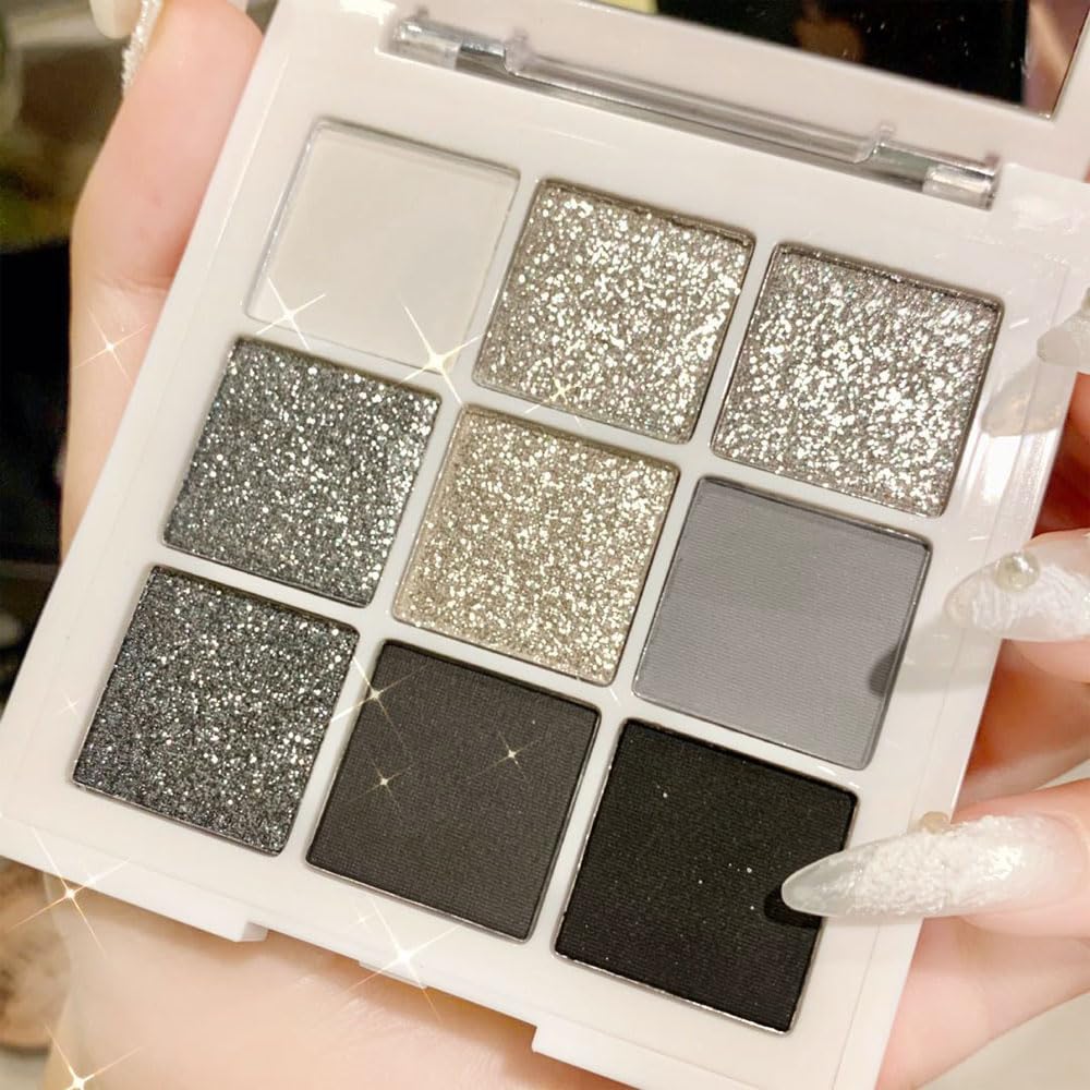 evpct 9 Colors Silver Gray Glitter Eyeshadow Palette, Black Smokey Grey and Silver White Sparkle Glitter Shimmer Shiny Eye Shadow Palette Makeup for older Women, High Pigment Eyeshadow Sombra de ojos