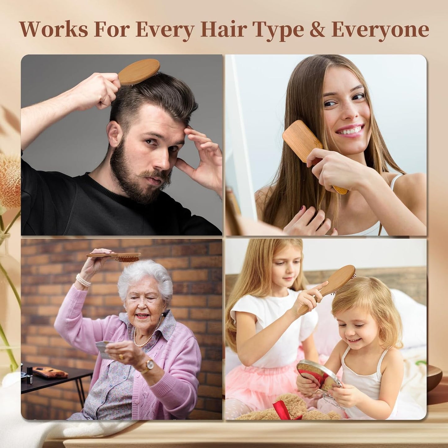 Bamboo Hair Brush for Hair Growth, Detangling & Scalp Massage, Natural Wooden Paddle Hair Brushes for Women Men Kids, Ergonomic Hairbrush Reduces Breakage, Frizz & Tangle, for All Hair Types