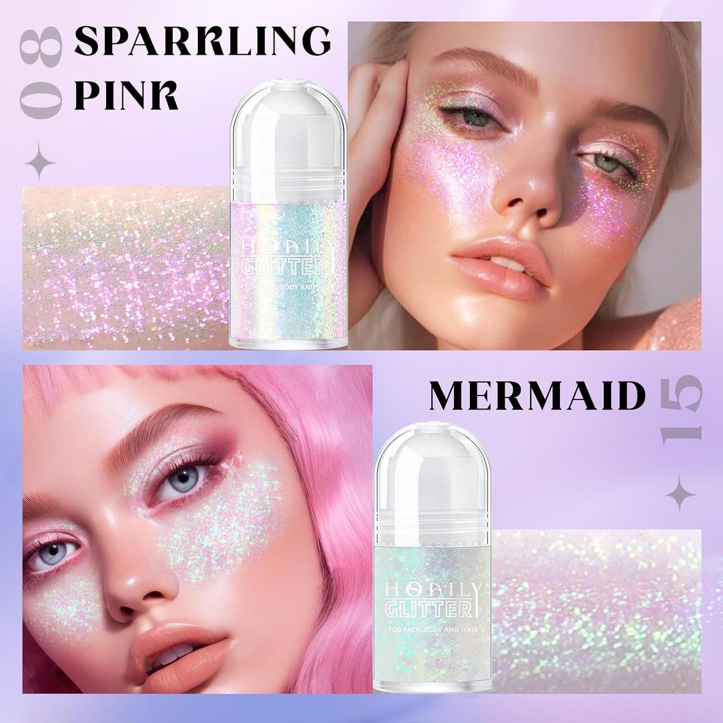2 Colors Roll-on Body Glitter Gel, Holographic Glitter Gel Under Light for Face Hair, Body Shimmer for Rave Accessories Christmas New Year Halloween Makeup (8+11)