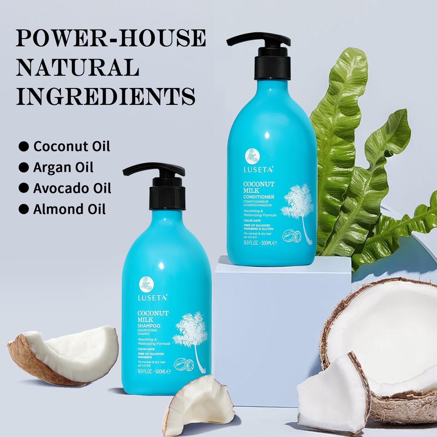 L LUSETA Coconut Milk Shampoo & Conditioner, Nourishing & Moisturizing Hair, Sulfate & Paraben Free, Keratin & Color Safe, 16.9oz Each