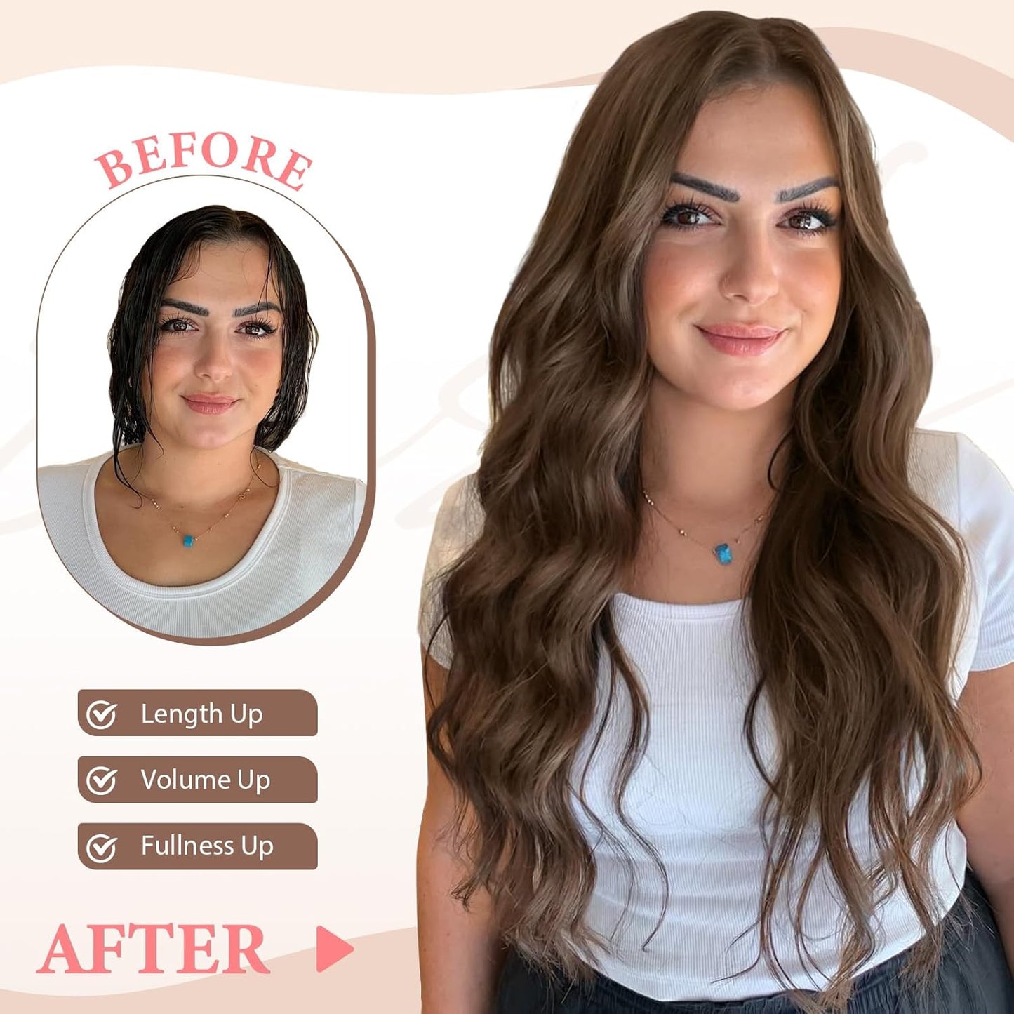 Clip in Hair Extensions for Women Chestnut Brown Long Wavy Hair Extensions Clip Ins 6PCS 20 Inch Synthetic Soft and Natural Thick Hair Pieces for Women