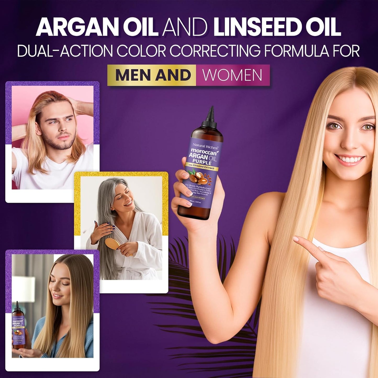 Natural Riches Moroccan Argan Oil Purple, Anti-Brass Hair Treatment with Linseed Extract for Silver Blonde Platinum Hair removes Yellow & Brass tones. Grey Highlighted Hair 8 fl oz