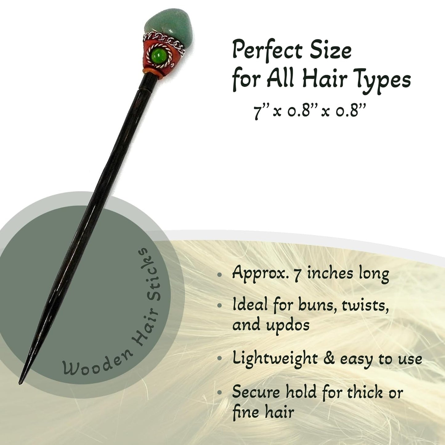 Mia Jewel Shop - Natural Tumbled Healing Gemstone Crystal Chonta Wooden Hair Sticks – Handmade Hair Sticks for Women | Hair Pins Boho Reiki Accessories, Fashion Gifts (Green Aventurine)