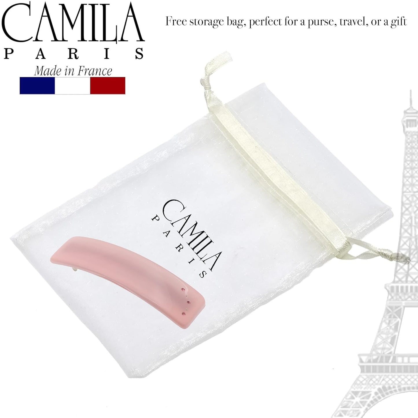 Camila Paris CP3446 French Hair Barrette Clip for Girls, Pink, Rubberized Automatic Clasp Strong Hold Grip Hair Clips for Women, No Slip and Durable Styling Girls Hair Accessories, Made in France