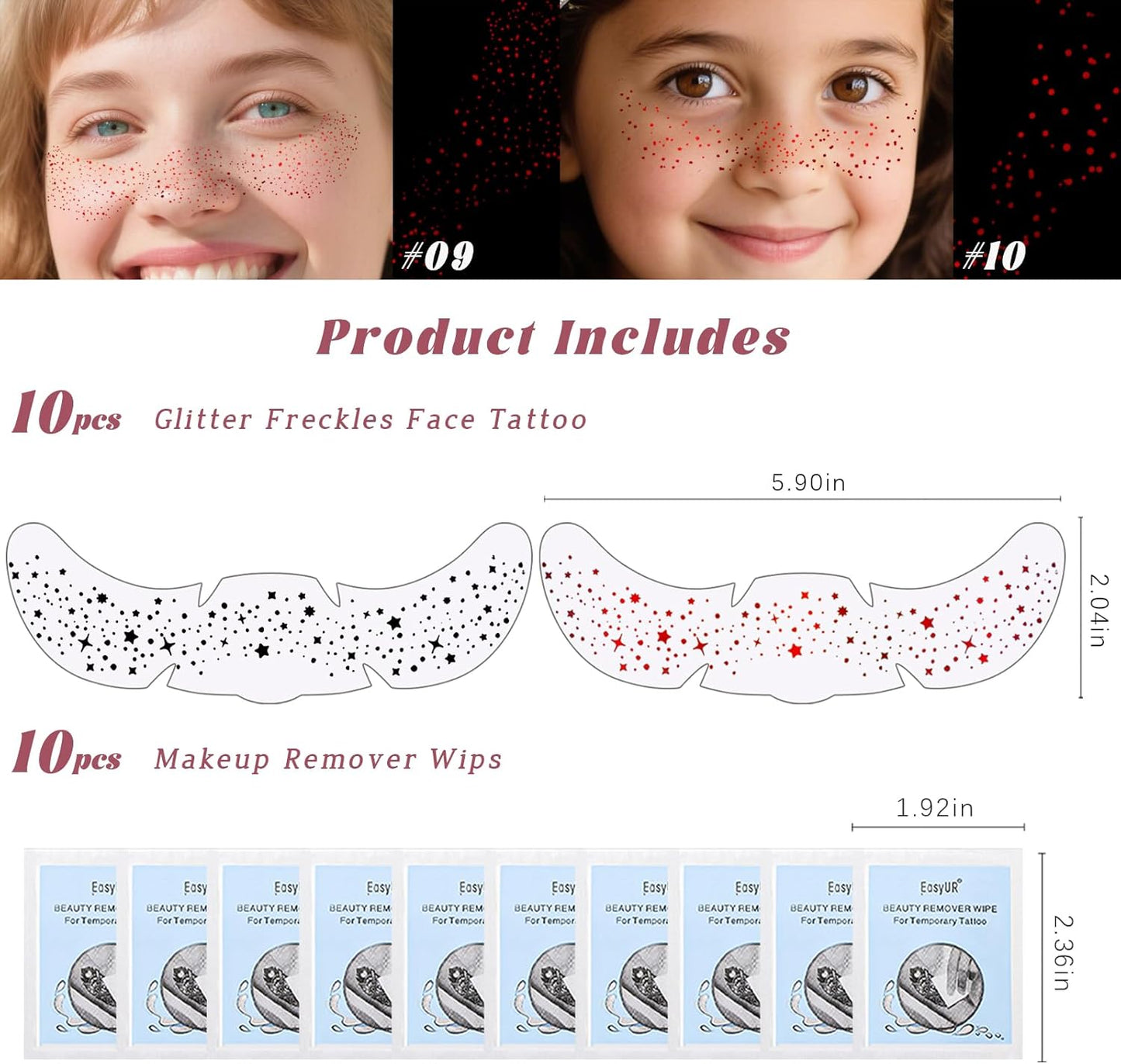 10 Styles Red Glitter Freckles Face Tattoo, Waterproof Sparkle Cute Star Butterfly Face Glitter Speckles Patches for Women, Metallic Temporary Tattoo Halloween Accessories Makeup for Rave