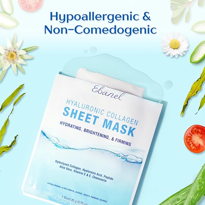 Ebanel 15 Pack Collagen Peptide Hydrating Face Masks, Instant Brightening Firming Anti Aging Face Sheet Masks, Moisturizing Spa Facial Mask Skincare with Hyaluronic Acid, Vitamin C, Chamomile, Aloe