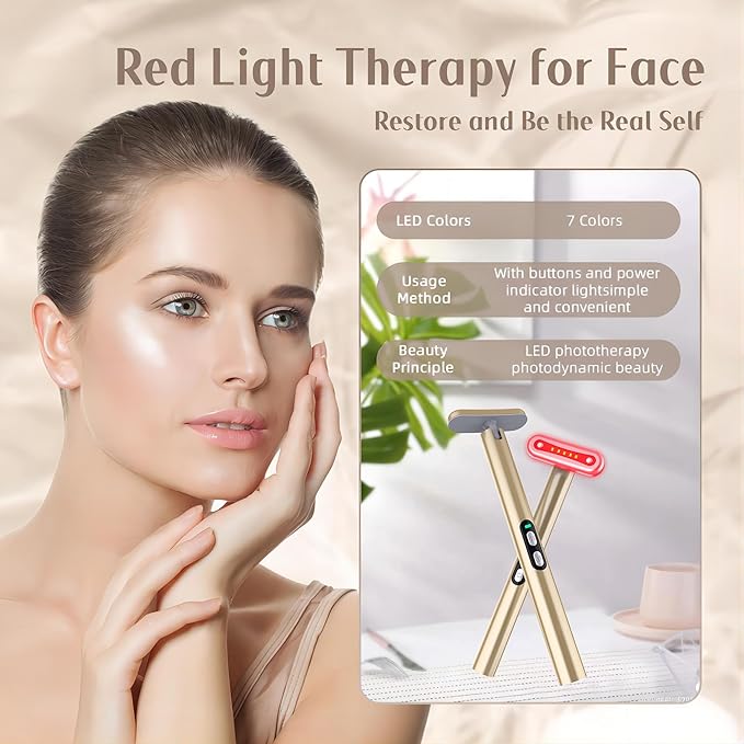 Red-Light-Therapy-Wand-for-Face, 7 Colors LED Light Therapy Wand Eye Facial Red & Blue Rejuvenation Tool, Face Massager, Golden