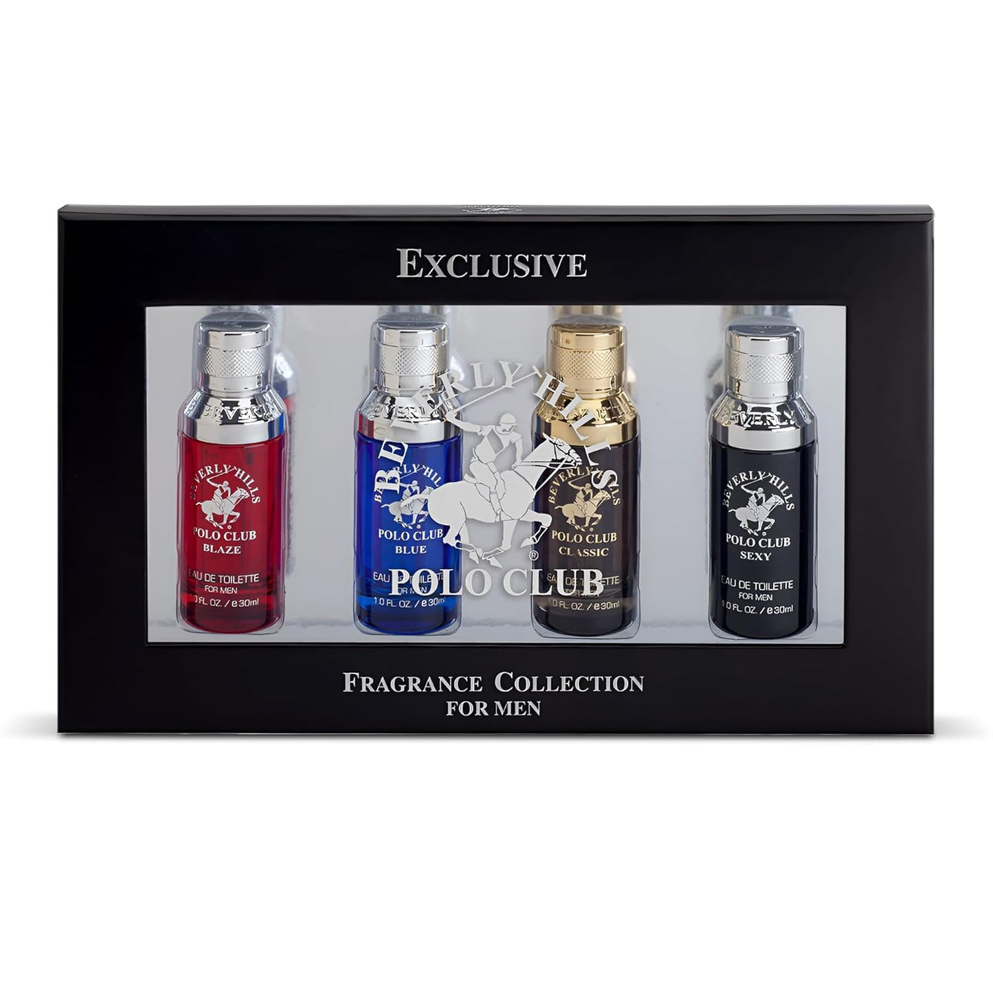 Beverly Hills Polo Club Men's Fragrance Collection - 4 Premium Eau de Toilette Colognes (1oz Each) - Diverse, Long-Lasting Scents: Blaze, Blue, Classic, Sexy - Ideal Gift Set for Him