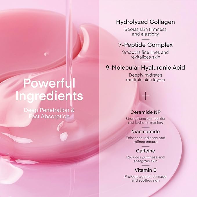 Peptide Collagen Under Eye Patches: Hydrogel Mask for Puffy Eyes Dark Circles Wrinkles Undereye Bags Fine Lines & Smile Lines - Korean Skin Care Deep Hydrating & Firming Eye Treatment, 30 Pairs