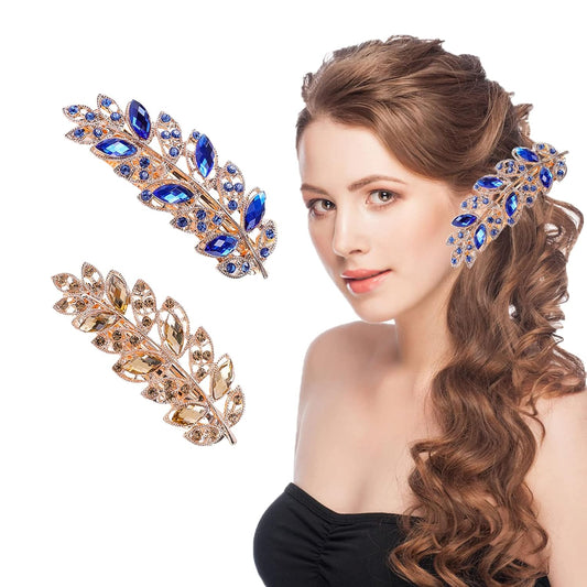 2 Pcs Hair Barrettes for Women Elegant Rhinestones Flower Metal Hair Clips Vintage Crystal Hair Accessroy Ponytail Hairpin 8cm, 2-Leaf Multicolor A