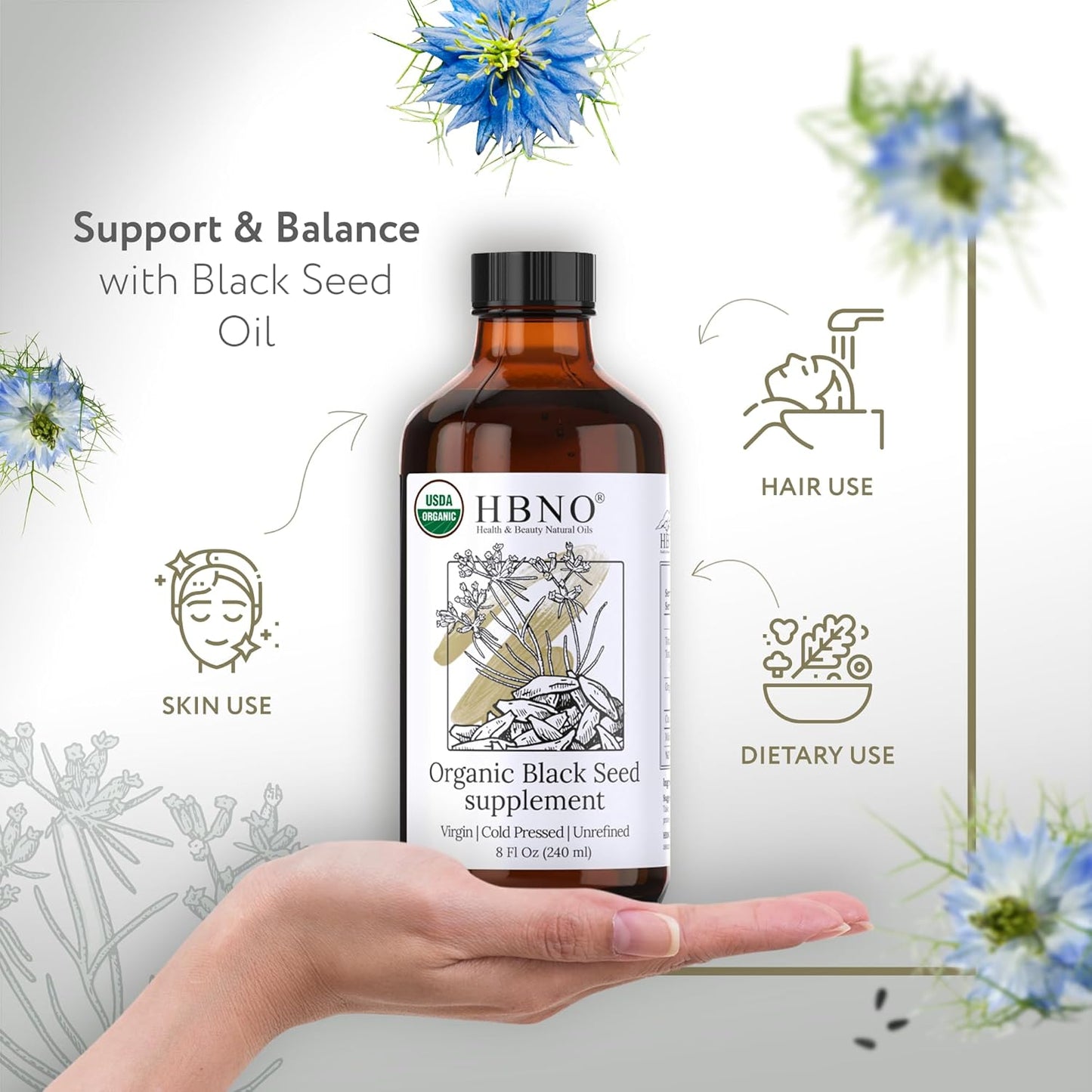 HBNO Organic Black Seed Oil - Huge 8oz (240ml) Glass Bottle Value Size - USDA Certified Organic Black Seed Oil, Cold Pressed for Face, Body, Lips, Shampoo & Conditioner