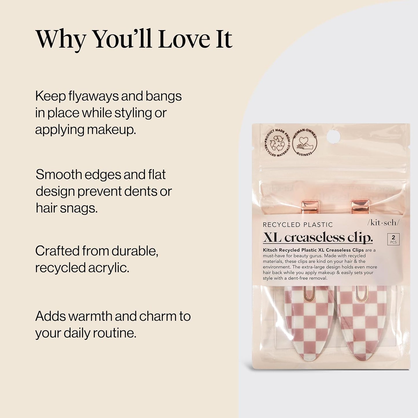 Kitsch Creaseless Hair Clips for Women - No Crease, No Bend Hair Clips for Styling, Bangs, Makeup Application, Face Wash | Recycled Acrylic - Checkered Terracotta | Ideal Gifts for Women, 2pcs