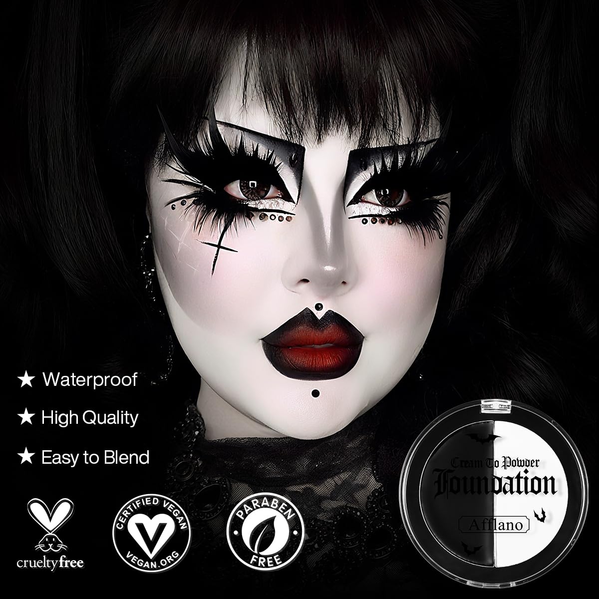 Halloween Black White Face Paint, Goth White Foundation Makeup Cream To Powder Greasepaint, Emo Gothic Clown Cosplay Face Painting Full Coverage, Eye Black Body Paint SFX Cary Skeleton Zombie Costume
