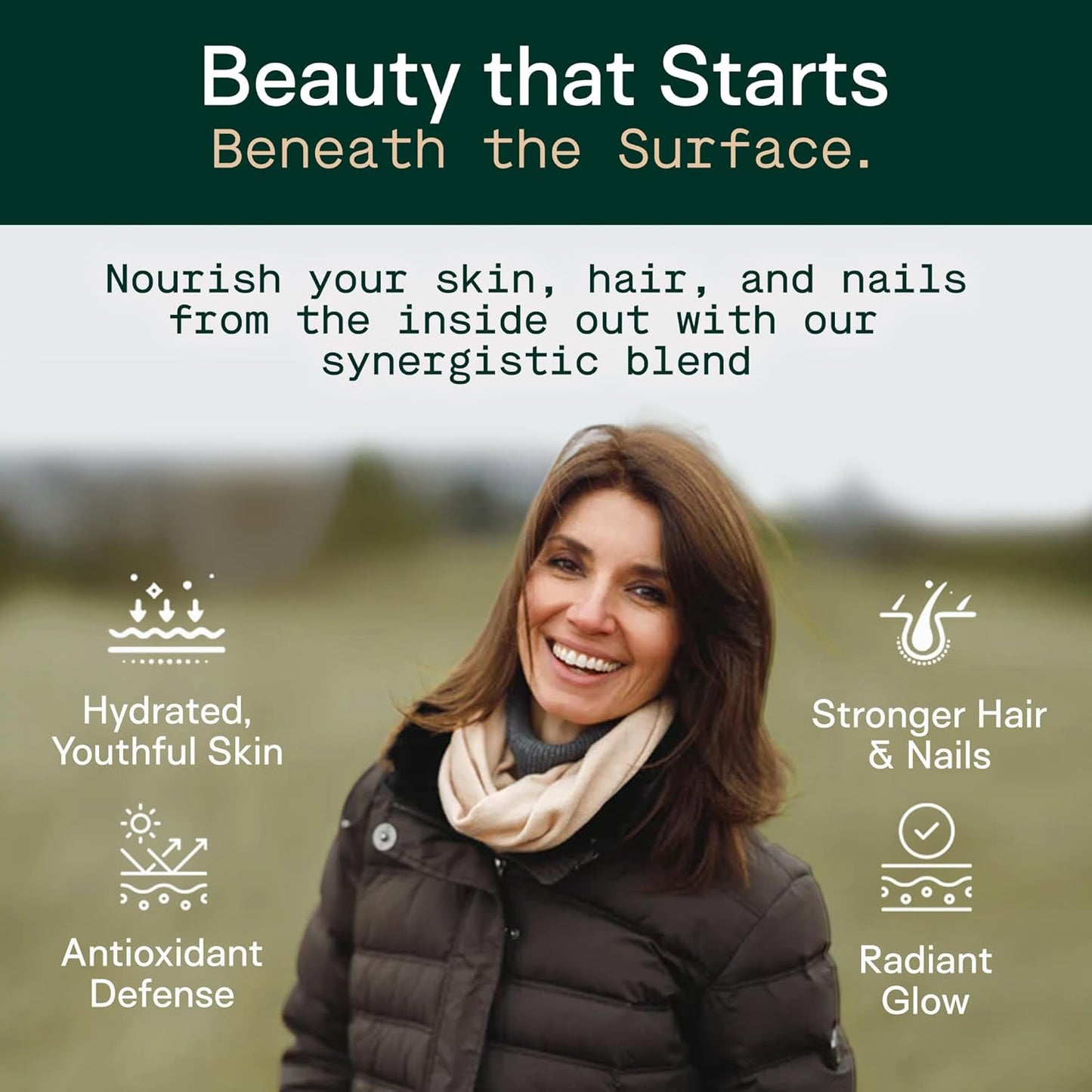 Adapt Naturals Inner Radiance Hair Skin and Nails Vitamins for Women and Men with Biotin, Collagen, Hyaluronic Acid, Vitamin C & Ceramides - Thicker Hair, Stronger Nails & Hydrated Skin Supplement