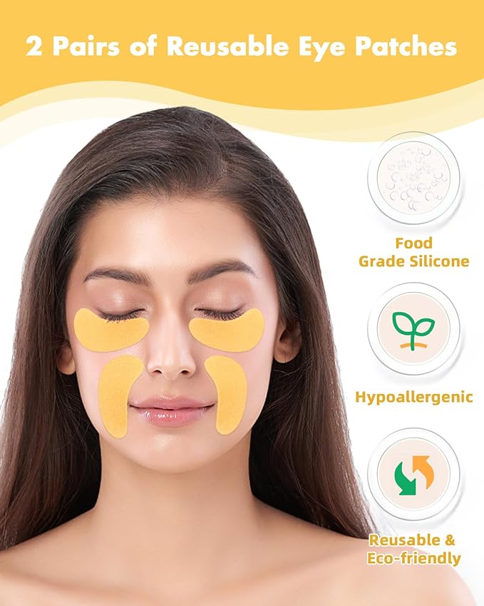 2 Pairs Reusable Under Eye Wrinkle Patches Silicone Mask, Plump Fine Lines & Wrinkles, with Metal Eye Cream Applicator, Tin Case, Gold