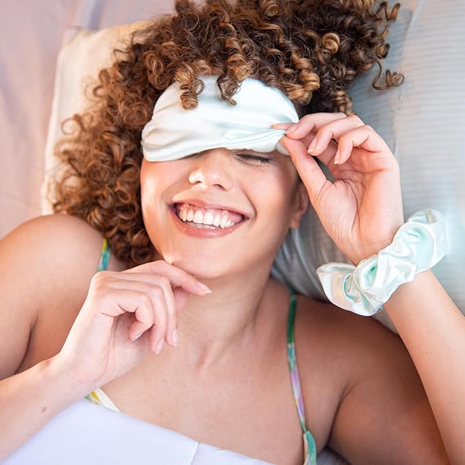 Vegan Silk Sleep Set, Silky Pillowcase with Large Scrunchie and Eye Mask for Hair and Skin, Self Care Essential Satin Night Routine Kit (Mint Blue Color)