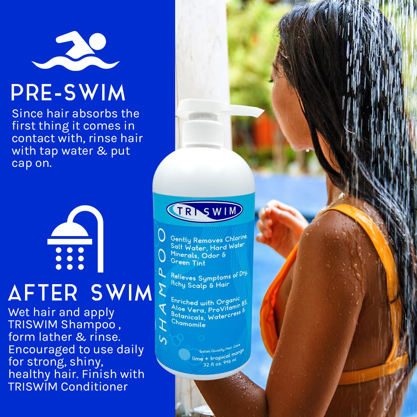 TRISWIM Chlorine Removal Shampoo 32oz | Removes Chlorine, Bromine, Hard Water Minerals & Saltwater | Hydrates & Restores Hair | Safe for Color-Treated Hair | Lime + Tropical Mango Scent