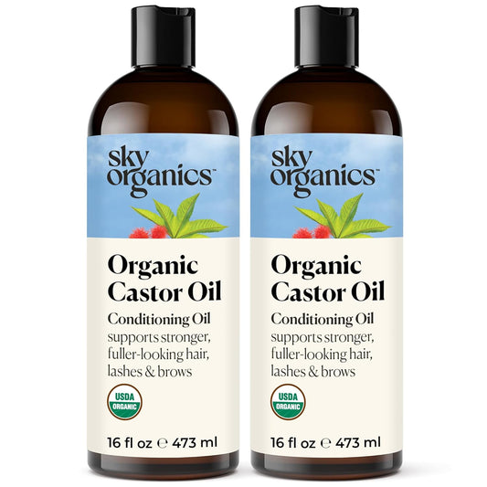 Sky Organics - Castor Oil Organic - Volumizing Hair Oil - Scalp, Lashes, Brows - Pure Castor Oil Cold Pressed - Natural Conditioner - Omega Fatty Acids, Vegan - Beauty, Hair,16oz, 2 Pack w Ebook