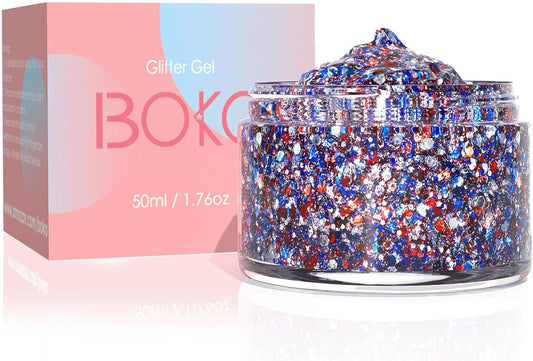 Boko 50ML Red White Blue Body Glitter Gel, 4th of July Chunky Glitter for Face Hair Body Pride Makeup, Patriotic Glitter for Independence Day Memorial Day Veterans Day Flag Party Rave Accessories