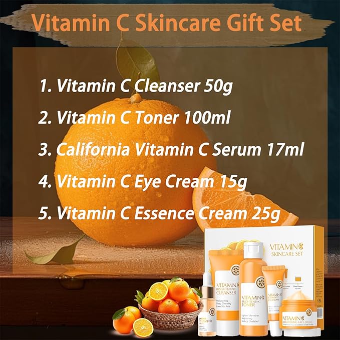 Vitamin C Skincare Set, 5Pcs Skin Care Sets for Women, Facial Kit, Vitamin C Face Skin Care Kit With Cleanser, Toner, Face Serum, Eye Cream, Cream, Long-Lasting Moisturizing Skincare Set
