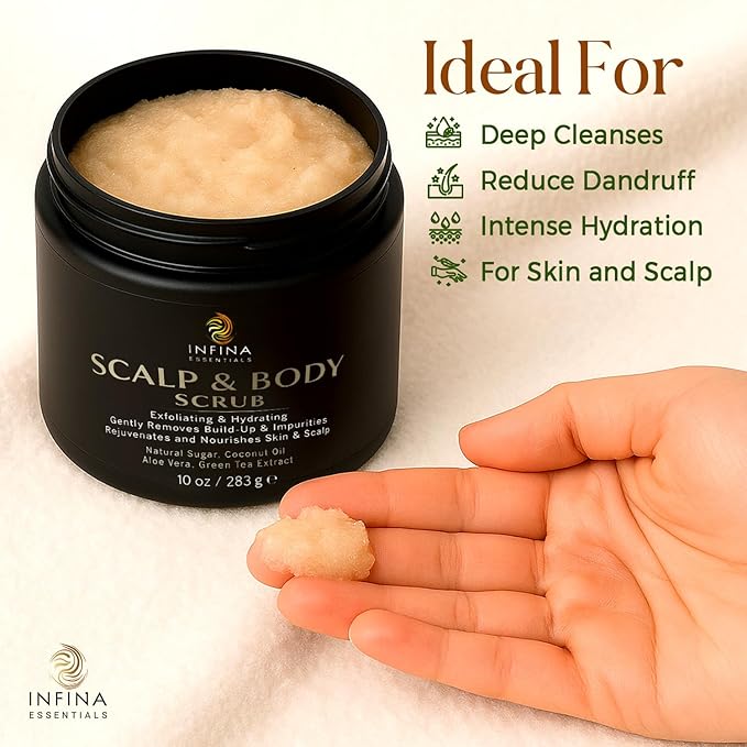 Scalp and Body Scrub – Exfoliating Sugar Cleanser with Coconut Oil, Menthol & Aloe – Dual-Use Polisher for Dry Skin & Flaky Scalp – Soothing, Cooling & Hydrating - INFINA ESSENTIALS | 8.45 fl oz