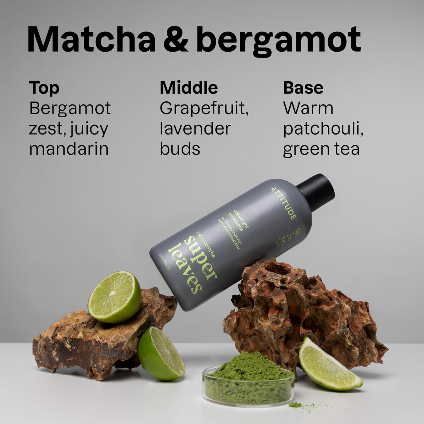 ATTITUDE Shower Gel Body Wash for Men, 98% Natural Origin Ingredients, Paraben & Phthalate Free, EWG Verified, Cleanses Without Drying, Matcha & Bergamot, 14 Fl Oz