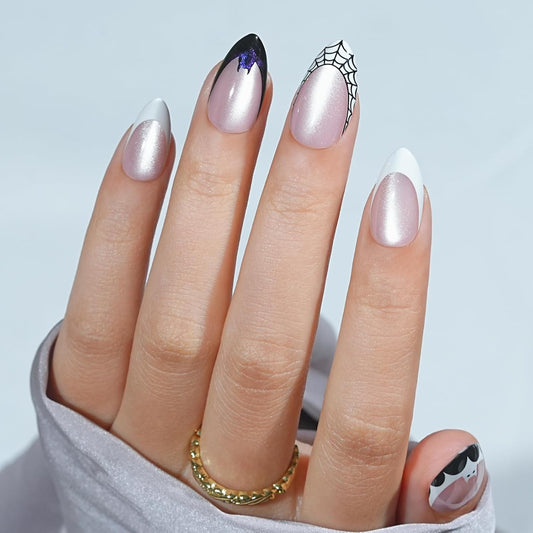 Halloween Press On Nails Almond - Vampire Bat Black French Tip Press On Nails Short Cat Eye Acrylic Square Halloween Nails with Glue Stick On Nails Fake Nail in 16 Sizes - 32 PCS Soft Gel Kit