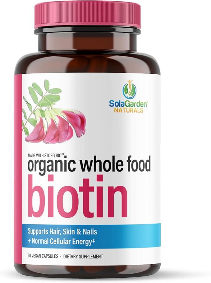 Whole Food Biotin Supplement - Contains Certified Organic Plant Based Biotin from Sesbania Agati Trees - by SolaGarden Naturals. May Support Hair, Skin and Nails. 60 Non GMO Veggie Capsules.