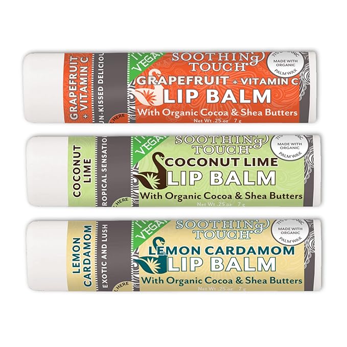 Vegan Lip Balm Set - Variety Pack of 3 Soothing Touch Lip Balms. Large 0.25 oz size. Includes Bonus Muslin Pouch (3 x 4 in) Unique Gift Bundle from Tiny Seed (Lemon Cardamom, Coconut Lime, Grapefruit)