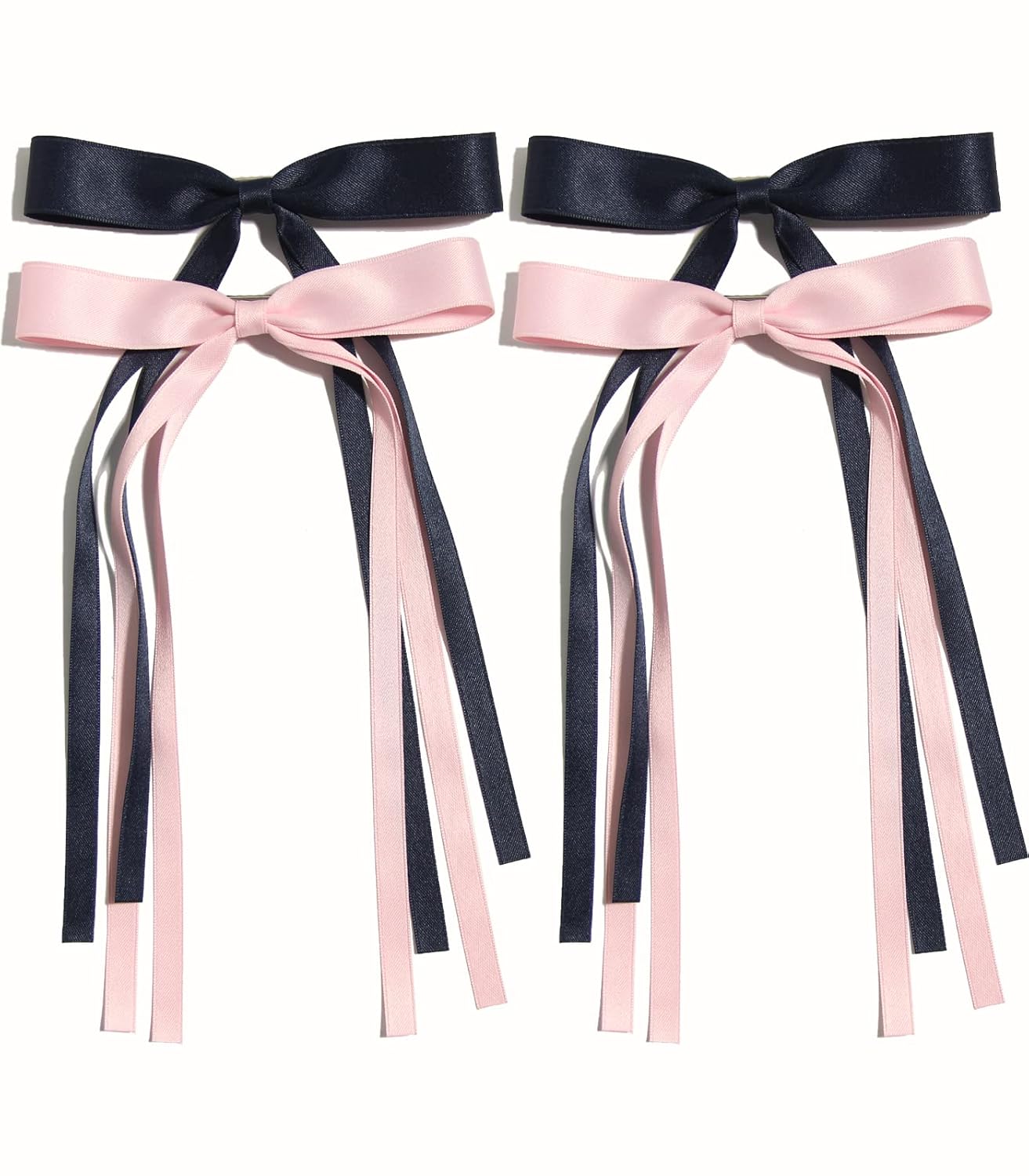 4pcs Tassel Ribbon Bowknot Hair Accessories with Long Tails, Solid Barrettes Claw Clips with Bows for Girls and Women (Navy Pink)