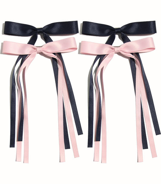 4pcs Tassel Ribbon Bowknot Hair Accessories with Long Tails, Solid Barrettes Claw Clips with Bows for Girls and Women (Navy Pink)