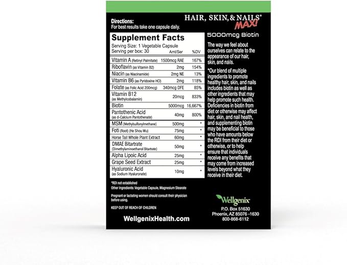Wellgenix Purvana Max Hair, Skin, and Nails Vitamin - Double Strength Biotin 5000 MCG, VIT A & B, Folic Acid, Grape Seed Extract - Hair Support Supplement -30 Capsules (Pack of 1)