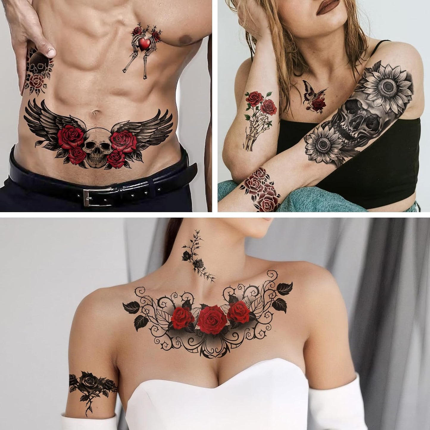 77 Sheets Flower Temporary Tattoos for Women, Weird Roses and Skulls Fake Tattoos, Waterproof Body Art Tattoo Stickers for Adults and Kids