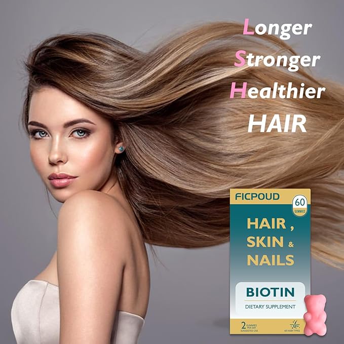 Hair Skin and Nails Gummies -Vegan Vitamins B7, Supports Hair Growth and Stronger Nails for Women & Men, Healthy Skin, 30 Day Supply, 60 Count, Strawberry Flavor