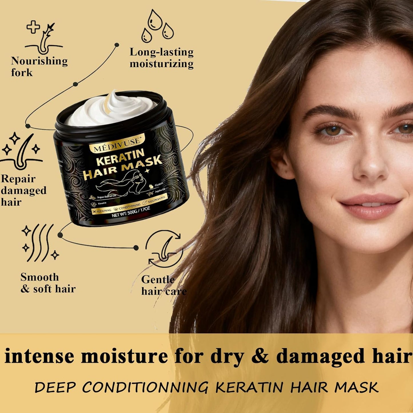 Deep Conditioning Hair Mask - Keratin Mask with Argan Oil - Giant 500ML Size Jojoba Oil Natural Hydrating Repair Hair for Damaged Frizzy Dry Hair Treatment - Fits All Hair Types (17 oz), Argan Oil