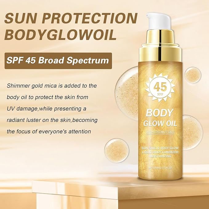 Body Glow Oil,SPF 45 Broad Spectrum,Body Shimmer Oil with Gold Mica,Glitter Sunscreen with Coconut,Lightweight Non-Sticky,Water Resistant,Glowing Results,3.72 fl oz,GOLD