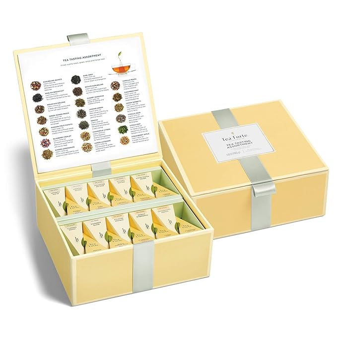 Tea Forte Tea Tasting Assortment Tea Chest 40 Count Organic Blends Individually Wrapped Handcrafted Pyramid Infuser Tea Bags