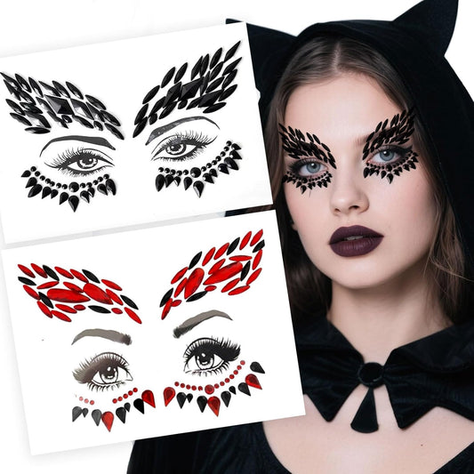 Halloween Face Tattoo Stickers Red & Black Face Gems- Rhinestones Face Decoration for Women & Kids - Vampire, Devil, Witch Costume Makeup Accessories - Spooky Face Art Supplies-2 pack