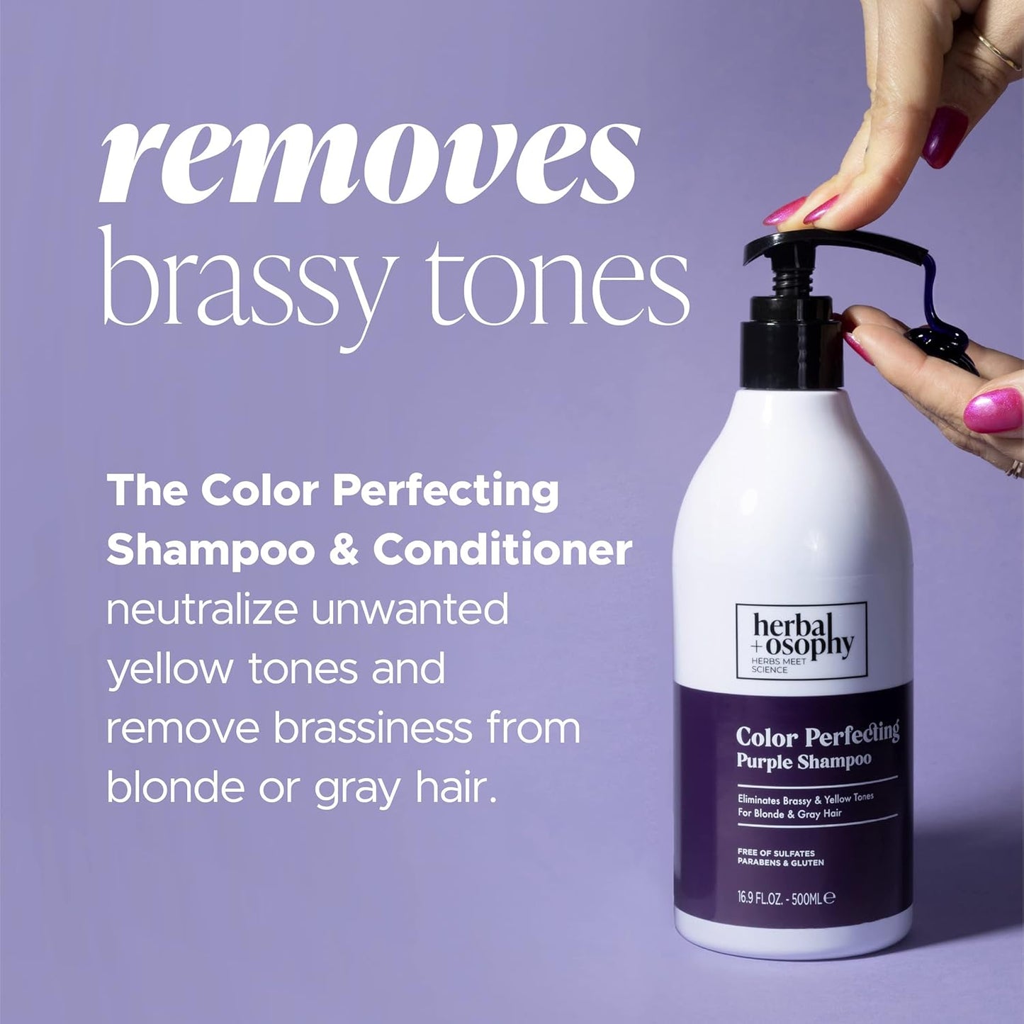 Herbalosophy Purple Shampoo & Conditioner Set for Blonde Gray Hair, Eliminates Brassy and Yellow Tones, Infused with Cocos Nucifera Oil, Free of Sulfate, Parabens and Gluten, 2 x 16.9 Fl Oz