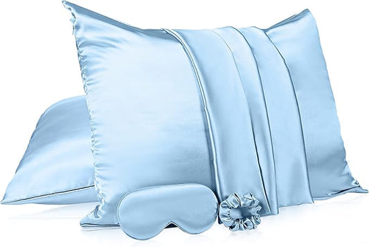 2 Pack Satin Pillowcase with Latent Zipper, Adjustable Satin Eye Mask for Sleeping and Satin Volume Scrunchie for Hair and Skin, Standard Size (Classic Style, Blue)