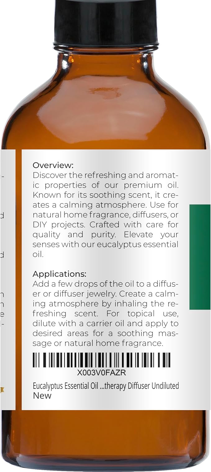 Eucalyptus Essential Oil by Velona - 4 oz | Therapeutic Grade 100% Pure and Natural | for Aromatherapy Diffuser, Massage, Skincare, Haircare, Soapmaking | Undiluted and Multipurpose in Glass Bottle