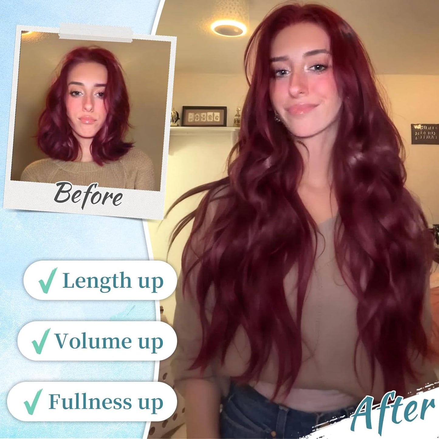 KooKaStyle Hair Extensions Burgundy Clip in Synthetic Highlight Hair Extensions Long Wavy 4PCS Thick Hairpieces 20 Inch for Women