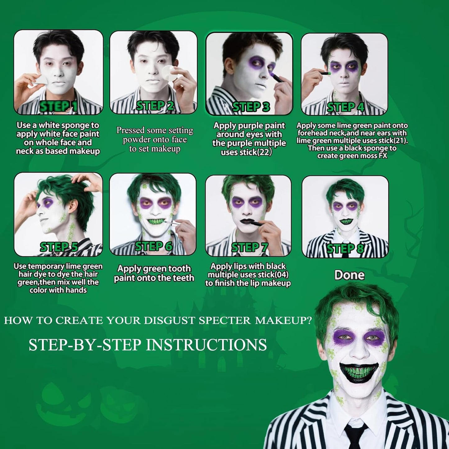 MEICOLY Disgust Specter Makeup Kit,White Face Paint,Green Hair Dye,Setting Powder,Green Tooth Paint,Complete Halloween Zombie Makeup Kit,SFX Character Set for Performance Stage Special Effect Costume